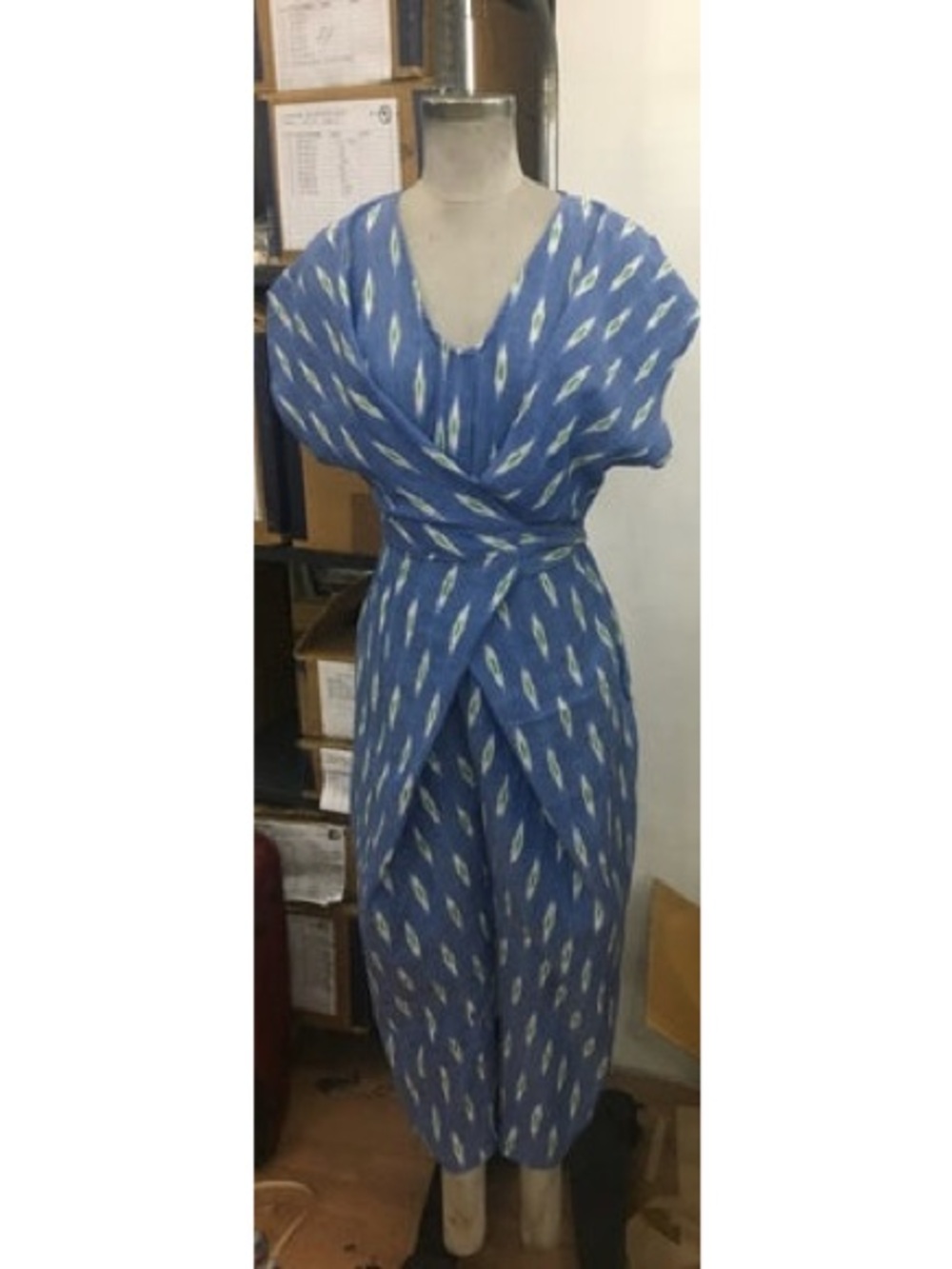 Rujuta Sheth Venus Wrap Oversized Cotton Blue Ikat Tie Front Jumpsuit Size XS - Picture 3 of 9